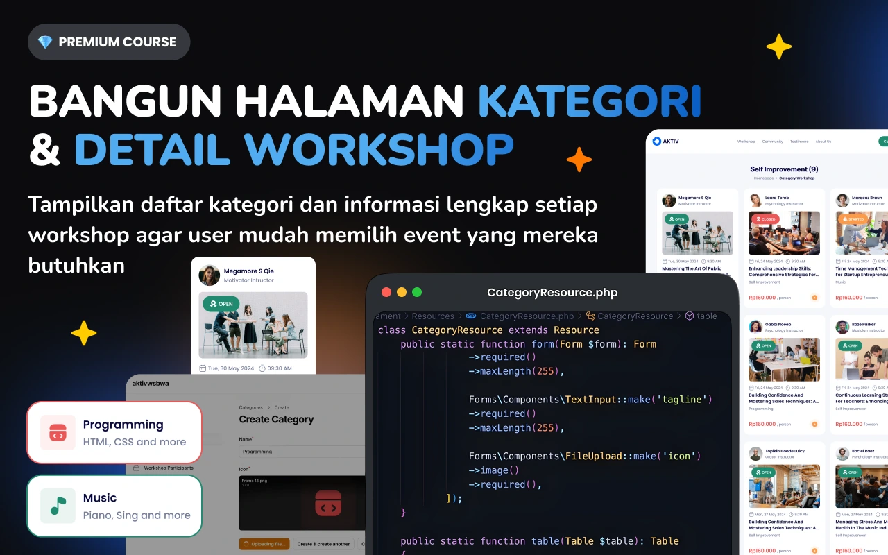Foto kelas Laravel 11, Service Repository, Filament: Web Event and Workshop Ticket